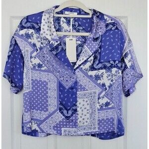 Pleione Purple & White Patchwork Pattern Button Up Blouse Size M